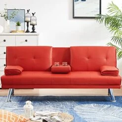 Recaceik Futon Sofa Bed Faux Leather Couch Convertible Folding Sleeper Sofa With Upholstered Removable Armrest Metal Leg And 2 Cupholders, Space Saving Furniture Couches For Living Room Apartment -Amazon Store 51DfQ4BiiPL. AC