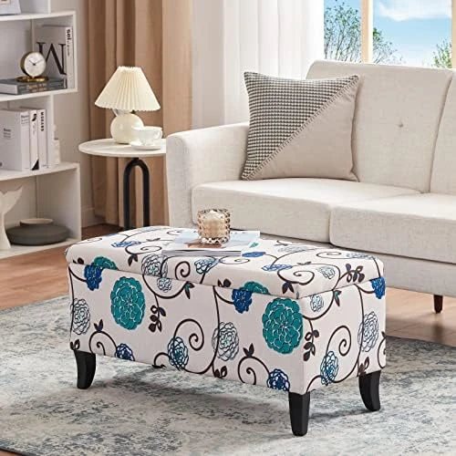 HUIMO Storage Ottoman, 35" Ottoman With Storage For Living Room, Script Printed Linen Upholstered Fabric Ottoman Foot Rest, Ottoman Bench For Bedroom End Of Bed, Entryway, Window Bench(Blue Flower) 8 HUIMO Storage Ottoman, 35" Ottoman With Storage For Living Room, Script Printed Linen Upholstered Fabric Ottoman Foot Rest, Ottoman Bench For Bedroom End Of Bed, Entryway, Window Bench(Blue Flower) - Image 6