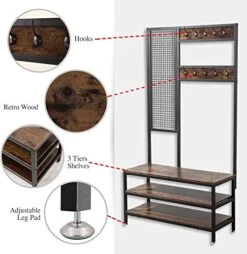 Extrordinary Living Entryway Large Coat Rack Stand Shoe Bench 3-in-1 Hall Tree 3-Tier Storage Shelves With Steel Frame With Grid Wall Multifunctional Hallway Shelf Office Bedroom Wood Look Accent Furniture Hall Tree (Hang Wall) (Dark Walnut) -Amazon Store 51DmLNpD4aL