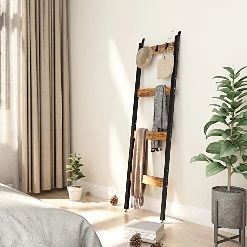 KES 5ft Blanket Ladder, 4-Tier Quilt Ladder Black Ladder Shelf With 3 Adjustable Hooks For Bedroom, Decorative Ladder Metal And Particleboard, Easy Assembly, HLS500-BK 6 KES 5ft Blanket Ladder, 4-Tier Quilt Ladder Black Ladder Shelf With 3 Adjustable Hooks For Bedroom, Decorative Ladder Metal And Particleboard, Easy Assembly, HLS500-BK - Image 4