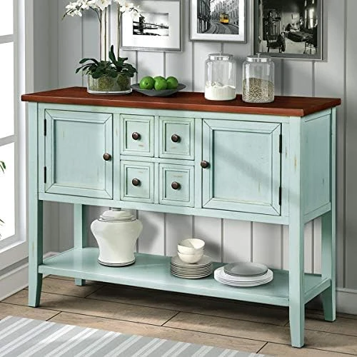 Merax Farmhouse Rustic Wood Buffet Dining Sideboard Storage Cabinet, Console Table With 4 Small Drawers, 2 Cabinet And Bottom Shelf, Antique Grey 8 Merax Farmhouse Rustic Wood Buffet Dining Sideboard Storage Cabinet, Console Table With 4 Small Drawers, 2 Cabinet And Bottom Shelf, Antique Grey - Image 6