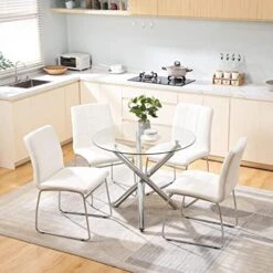 3 Pieces, Dining Tables For 2, 1 Round Glass Dining Room Table And 2 Faux Leather Kitchen Chairs, Chrome Metal Legs, Comfortable Upholstered Seat And Back, Set For Waiting Room, Living Room, Office -Amazon Store 51E9tYcMNOL. AC