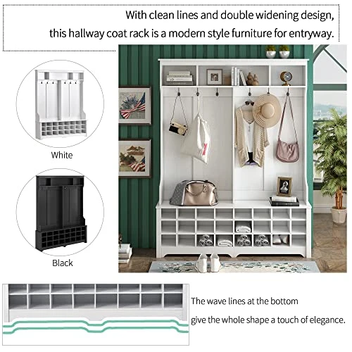 GENERIC Hall Tree With Metal Black Hooks, Modern Style Multiple Functions Entryway Bench 60" Wide Hallway Coat Rack With Ample Storage Space And 24 Shoe Cubbies (White+Particle Board) 4 GENERIC Hall Tree With Metal Black Hooks, Modern Style Multiple Functions Entryway Bench 60" Wide Hallway Coat Rack With Ample Storage Space And 24 Shoe Cubbies (White+Particle Board) - Image 2