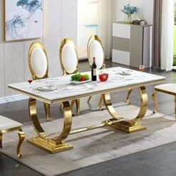 Pvillez White Marble Dining Table For 8-10 Person, 78" Rectangle Marble Top Dining Table With O Shape Gold Stainless Steel Pedestal Base,Mid Century Modern Dining Table For Kitchen Dining Room Dinner -Amazon Store 51EKjGIjDsL. AC