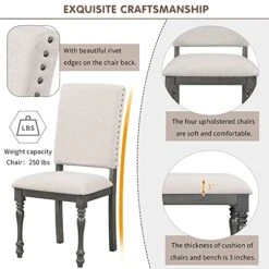 Merax 6-Piece Wood Rectangular Table Set With Turned Legs, 4 Upholstered Chairs And Bench For Dining Room, Grey+Beige_6pcs -Amazon Store 51EO2hope8L