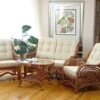 Malibu Lounge Set Of 4: 2 Natural Rattan Wicker Chairs, Loveseat With Cream Cushions And Coffee Table W/Glass Handmade, Colonial -Amazon Store 51ESfraYWWL