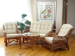Malibu Lounge Set Of 4: 2 Natural Rattan Wicker Chairs, Loveseat With Cream Cushions And Coffee Table W/Glass Handmade, Colonial