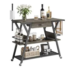 Bestier Coffee Bar Station, Kitchen Island Cart With Storage, Coffee Cart With Drawer, Paper Towel Holder And Lockable Wheels, Bar Table For Dinning Room Living Room, Gray