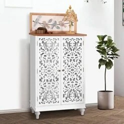 MFSTUDIO Accent Tall Wood Storage Cabinet Buffet Sideboard Hollow-Carved Floral 2 Doors Distressed Decorative For Living Room Kitchen Stand Entryway Hallway, 13.8" Dx31.5 Wx47.4 H, Blue -Amazon Store 51Ebljc4L. AC