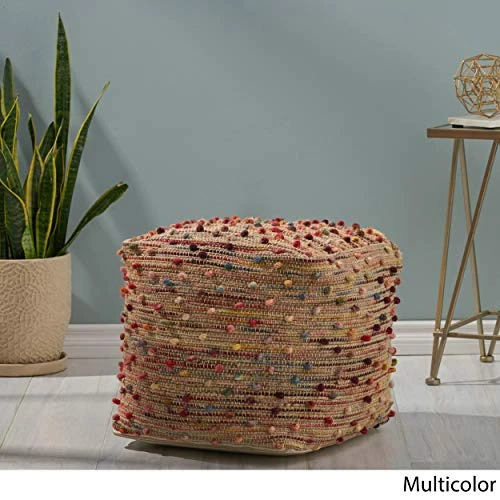 Great Deal Furniture Hellen Boho Jute And Cotton Pouf, Multicolor 4 Great Deal Furniture Hellen Boho Jute And Cotton Pouf, Multicolor - Image 2