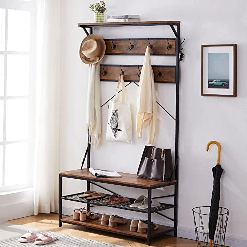 3-in-1 Entryway Coat Rack,Vintage Industrial Hall Tree 72 Inch With Storage Bench And Coat Racks Entryway Storage Shelf Organizer With 9 Hooks, Large Size, Wood Look Accent Furniture With Metal Frame 3 3-in-1 Entryway Coat Rack,Vintage Industrial Hall Tree 72 Inch With Storage Bench And Coat Racks Entryway Storage Shelf Organizer With 9 Hooks, Large Size, Wood Look Accent Furniture With Metal Frame