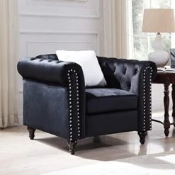 3-Piece Velvet Upholstered Living Room Furniture Set, Including 3-Seater Sofa, Loveseat And Single Sofa Chair With Button And Copper Nail On Arms And Back, Five White Villose Pillows Included, Blue -Amazon Store 51EfB2MjkRL. AC