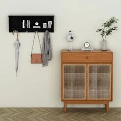 Love Furniture Wall Mounted Coat Rack Shelf, With 4 Storage Cabinets And 4 Wall Coat Hooks, Perfect Storage Space For Your Entryway, Mudroom, Kitchen, Bathroom And More, Black -Amazon Store 51Eifk7vKLL