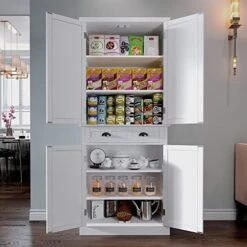 ARTPOWER Kitchen Pantry Storage Cabinet With Drawer And Adjustable Shelves, Pantry Cabinet For Kitchen, Bathroom Or Hallway, White