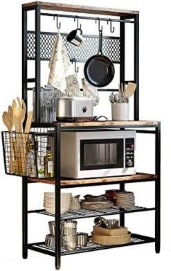 IRONCK Baker's Rack, 5 Tier Kitchen Island With Hooks Microwave Stand With Mesh Panel Storage, Utility Storage Shelf For Kitchen, Vintage Browm And P2 Wood -Amazon Store 51Ek2DSw7eL. AC