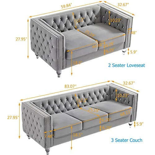Mikibama Velvet Loveseat Sofa Couch Set For Living Room, Modern Decor Furniture Tufted Sofa Set With Nailhead Acrylic Legs And 2 Pillows For Bedroom, Hall(Grey) 4 Mikibama Velvet Loveseat Sofa Couch Set For Living Room, Modern Decor Furniture Tufted Sofa Set With Nailhead Acrylic Legs And 2 Pillows For Bedroom, Hall(Grey) - Image 2