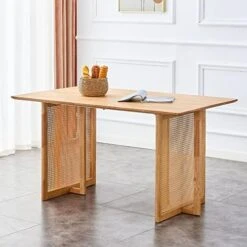 55" Dining Table For 4 To 6, Retro Wooden Kitchen Table Furniture With Rattan Weave Design Legs, Mid-Century Modern Imitation Rattan Dining Room Table For Dining Room, Living Room And Office, Oak -Amazon Store 51Ep3Le9irL. AC