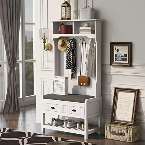 ZSQ Hall Tree With 4 Hooks And Hinged Lid, 69" Coat Hanger & Entryway Bench, 3-in-1 Design Storage Bench For Entrance, Hallway (White) 7 ZSQ Hall Tree With 4 Hooks And Hinged Lid, 69" Coat Hanger & Entryway Bench, 3-in-1 Design Storage Bench For Entrance, Hallway (White) - Image 5