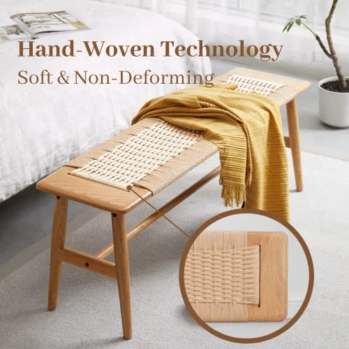 Marsrizon 32" L 100% FAS Oak Boho Bench Solid Wood Rope Woven Entryway Bench, Dining Bench Modern Furniture For Entryway, Dining Room, Bedroom, Kitchen (Natural) 4 Marsrizon 32" L 100% FAS Oak Boho Bench Solid Wood Rope Woven Entryway Bench, Dining Bench Modern Furniture For Entryway, Dining Room, Bedroom, Kitchen (Natural) - Image 2