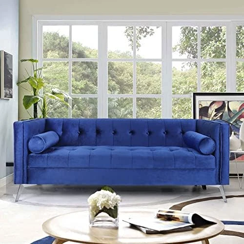 Wirrytor Mid-Century Velvet Chesterfield Sofa Couch, Modern Love Seats Sofa Furniture, Upholstered Button Tufted Couch With 2 Bolster Pillows For Living Room Apartment(Blue) 11 Wirrytor Mid-Century Velvet Chesterfield Sofa Couch, Modern Love Seats Sofa Furniture, Upholstered Button Tufted Couch With 2 Bolster Pillows For Living Room Apartment(Blue) - Image 9