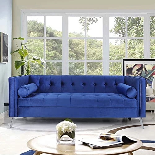 Wirrytor Mid-Century Velvet Chesterfield Sofa Couch, Modern Love Seats Sofa Furniture, Upholstered Button Tufted Couch With 2 Bolster Pillows For Living Room Apartment(Blue) 3 Wirrytor Mid-Century Velvet Chesterfield Sofa Couch, Modern Love Seats Sofa Furniture, Upholstered Button Tufted Couch With 2 Bolster Pillows For Living Room Apartment(Blue)
