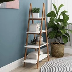 Knocbel 4-Tier Bamboo Ladder Shelf Storage Shelves Display Rack, Bookcase Plant Flower Pots Stand, 22 Lbs Capacity Of Each Tier, 31.49" L X 11.73" W X 53.54" H (White And Brown) -Amazon Store 51EwGAZMXWL