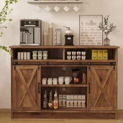 Farmhouse Coffee Bar Cabinet With Sliding Barn Doors, Rustic Brown Buffet Storage Sideboard Cabinet With 4 Adjustable Shelves For Kitchen, 52" Credenza Sideboard With Storage Cabinet For Dinning Room -Amazon Store 51EwSZ7u0yL. AC