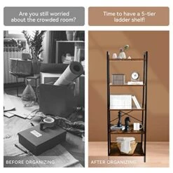 ECOMEX 5 Tier Ladder Shelf, Industrial Ladder Shelf 5 Tier Bookshelf Rustic Ladder Shelf Freestanding Storage Rack With Metal Frame For Home Living Room Bedroom Office, Brown