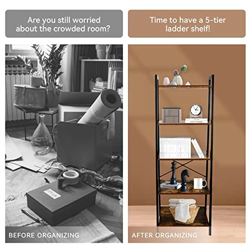ECOMEX 5 Tier Ladder Shelf, Industrial Ladder Shelf 5 Tier Bookshelf Rustic Ladder Shelf Freestanding Storage Rack With Metal Frame For Home Living Room Bedroom Office, Brown 3 ECOMEX 5 Tier Ladder Shelf, Industrial Ladder Shelf 5 Tier Bookshelf Rustic Ladder Shelf Freestanding Storage Rack With Metal Frame For Home Living Room Bedroom Office, Brown