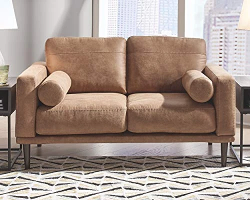 Signature Design By Ashley Arroyo Mid Century Modern Faux Leather Loveseat, Caramel Brown 4 Signature Design By Ashley Arroyo Mid Century Modern Faux Leather Loveseat, Caramel Brown - Image 2