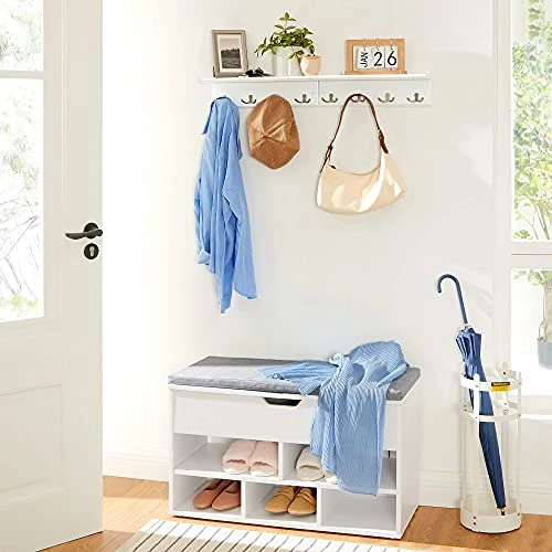 SONGMICS Shoe Bench Bundle With Coat Rack, 3-Tier Bamboo Shoe Rack, Wall Mounted Coat Rack, Wall Shelf With Hooks, For Entryway Closet Guest Room, White ULBS004W01 And ULHR42WT 6 SONGMICS Shoe Bench Bundle With Coat Rack, 3-Tier Bamboo Shoe Rack, Wall Mounted Coat Rack, Wall Shelf With Hooks, For Entryway Closet Guest Room, White ULBS004W01 And ULHR42WT - Image 4