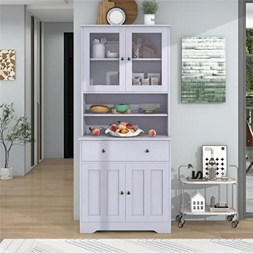 TURRIDU Pantry Storage Cabinet, 70.9" Freestanding Tall Storage Cabinet With Glass Doors, A Large Drawer And Adjustable Shelves, Multifunctional Buffet Sideboard For Living Room Dining Room, White 8 TURRIDU Pantry Storage Cabinet, 70.9" Freestanding Tall Storage Cabinet With Glass Doors, A Large Drawer And Adjustable Shelves, Multifunctional Buffet Sideboard For Living Room Dining Room, White - Image 6