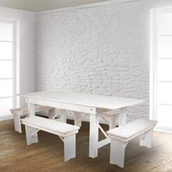 EMMA + OLIVER 40" X 12" Antique Rustic White Solid Pine Folding Farm Bench - Portable Bench