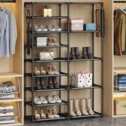 CSXGBAB Tall Shoe Rack, Garage Shoe Rack Large Capacity, Large Shoe Rack Two Rows Versatile Hooks, Shoe Rack Organizer, Big Shoe Rack Organizer Storage Boot Rack Shelf Black 24-35 Pairs -Amazon Store 51FGZ0g0nyL