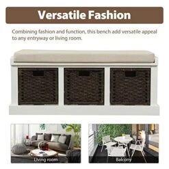 Storage Bench With 3 Basket Drawers, Rustic Entryway Bench/Shoe Bench With Cushioned Seat For Entryway, Hallway, Mudroom, Living Room (Off-White) 15 Storage Bench With 3 Basket Drawers, Rustic Entryway Bench/Shoe Bench With Cushioned Seat For Entryway, Hallway, Mudroom, Living Room (Off-White) -Amazon Store 51FNjQtkmJL