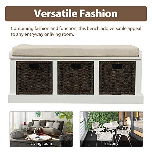 Storage Bench With 3 Basket Drawers, Rustic Entryway Bench/Shoe Bench With Cushioned Seat For Entryway, Hallway, Mudroom, Living Room (Off-White) 6 Storage Bench With 3 Basket Drawers, Rustic Entryway Bench/Shoe Bench With Cushioned Seat For Entryway, Hallway, Mudroom, Living Room (Off-White) - Image 4