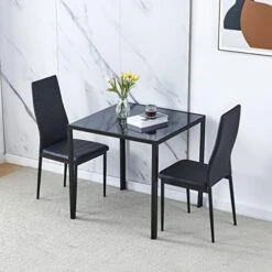 Ansley&HosHo Small Kitchen Table And Chairs Set For 2, 3-Piece Modern Glass Dining Room Table Set, Black Square Kitchen Table And 2 Black Leather Chairs For Home, Living Room, Dinette, Restaurant -Amazon Store 51FPuxbv0tL. AC