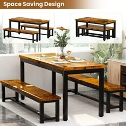 AWQM Dining Room Table Set, Kitchen Table Set With 2 Benches, Ideal For Home, Kitchen And Dining Room, Breakfast Table Of 43.3x23.6x28.5 Inches, Benches Of 38.5x11.8x17.5 Inches, Industrial Brown -Amazon Store 51Ff2L5dbyL