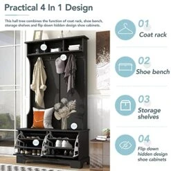 RuiSiSi White Hall Tree With Bench And Shoe Storage Farmhouse Wood Entryway Bench With Coat Rack 4 Hooks Hidden Shoe Storage Cabinet,Hallway Organizer With Storage Bench And Metal Hanging Hooks（Black） -Amazon Store 51FfIuWxqDL 1