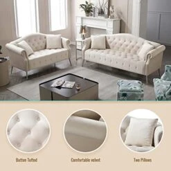 Homtique Sofa Set For Living Room 2 Piece, Modern Velvet Loveseat Sofa Set Upholstered Button Tufted Nailhead Trimming Rolled Arm And Metal Legs, Velvet Sofa Couch With 4 Pillows For Home (Beige) -Amazon Store 51FoBHZWqnL