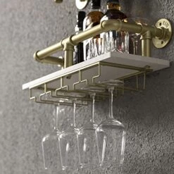 WAKI HOME Industrial Wall Mounted Wine Rack, Wine Bottle Stemware Glass Rack, Floating Wood Shelf Pipe Hanging Shelving With Glass Holders For Wine Glasses, Flutes, Mugs, Home Décor, Kitchen, Bar -Amazon Store 51FpDNd6wzL