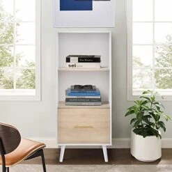 Giluta Mid-Century Bookcase With Drawer, 2-Tier Bookshelf Wine Cupboard Storage Cabinet, Record Player Stand, Kitchen Sideboard Buffet Cabinet For Small Space In White And Oak Finish -Amazon Store 51G44AQIpXL