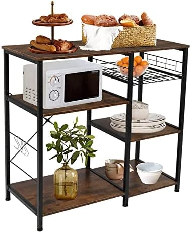 MUYIASER Kitchen Baker's Rack 4-Tier Microwave Stand With Storage Microwave Oven Stand With Steel Basket And 5 Hooks For Kitchen Home Spice Coffee Snack Vintage Brown 8 MUYIASER Kitchen Baker's Rack 4-Tier Microwave Stand With Storage Microwave Oven Stand With Steel Basket And 5 Hooks For Kitchen Home Spice Coffee Snack Vintage Brown - Image 6