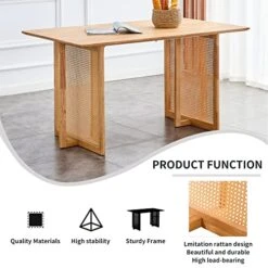 55" Dining Table For 4 To 6, Retro Wooden Kitchen Table Furniture With Rattan Weave Design Legs, Mid-Century Modern Imitation Rattan Dining Room Table For Dining Room, Living Room And Office, Oak -Amazon Store 51G9hFsiWEL