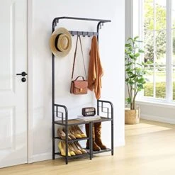 Tajsoon Coat Rack, Hall Tree With Bench And Shoe Storage, Coat Rack Shoe Bench, 3-in-1 Shoe Rack And Coat Rack For Entryway, 11.3 X 28.4 X 66.1 Inches, Metal, Rustic Brown And Black