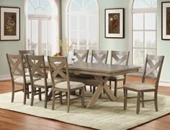Roundhill Furniture Raven Wood 9-Piece Set, Extendable Trestle Dining Table With 8 Chairs, Glazed Pine Brown