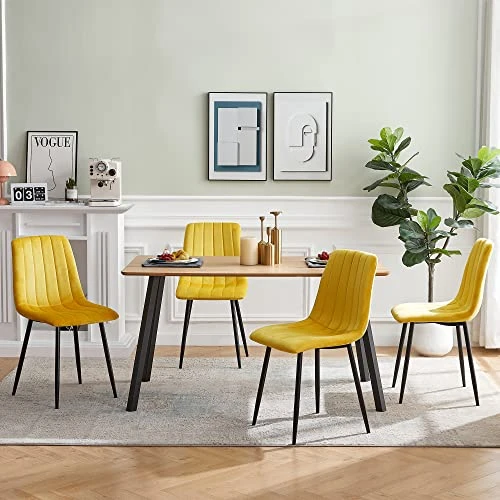 NORDICANCA Velvet Dining Chair Set Of 4, Armless Yellow Reading Chair With Sewing Threads Metal Coated Legs, Modern Side Chair For Home 3 NORDICANCA Velvet Dining Chair Set Of 4, Armless Yellow Reading Chair With Sewing Threads Metal Coated Legs, Modern Side Chair For Home