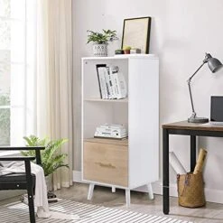 Giluta Mid-Century Bookcase With Drawer, 2-Tier Bookshelf Wine Cupboard Storage Cabinet, Record Player Stand, Kitchen Sideboard Buffet Cabinet For Small Space In White And Oak Finish -Amazon Store 51GYwOgdVLL