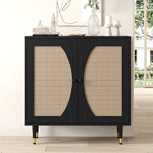 Black Buffet Sideboard Cabinet, Sideboards And Buffets With Natural Rattan Doors, Modern Entryway Console Table With Storage, Accent Storage Cabinet With Adjustable Shelves For Living Dining Room 3 Black Buffet Sideboard Cabinet, Sideboards And Buffets With Natural Rattan Doors, Modern Entryway Console Table With Storage, Accent Storage Cabinet With Adjustable Shelves For Living Dining Room