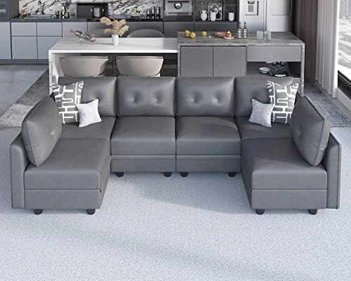 LLappuil Modular Sectional Sofa With Storage, Faux Leather Fabric 7 Seater Modular Sofa With Reversible Chaise, 112 Inch Convertible U Shape Sectional Couch With Ottomans, Aqua Blue 14 LLappuil Modular Sectional Sofa With Storage, Faux Leather Fabric 7 Seater Modular Sofa With Reversible Chaise, 112 Inch Convertible U Shape Sectional Couch With Ottomans, Aqua Blue - Image 12